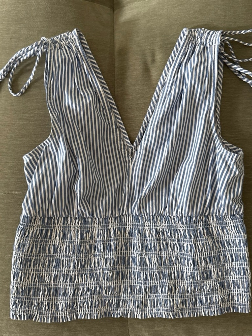 Old Navy Blue and White Striped Smocked Tie-Shoulder Tank
